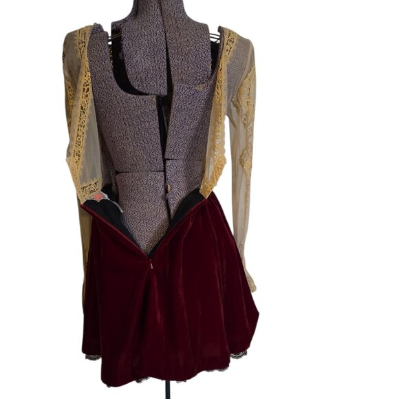 Free People V Is for Victorian Red Velvet and Cream Lace Long Sleeve Mini Dress - Picture 4 of 12